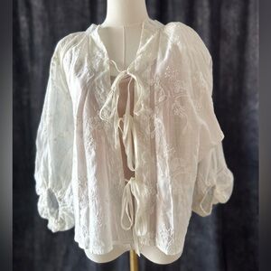 MSGM Milano Ivory Sheer Embroidered Tie Front Blouse w/ Blush Camisole